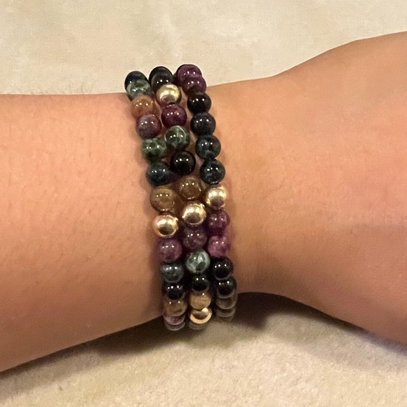 Watermelon Tourmaline Gold Filled Gemstone Set of 3 Stretch Stacking Bracelet - Picture 2 of 13